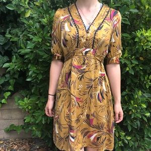 Silk mustard patterned empire waist dress